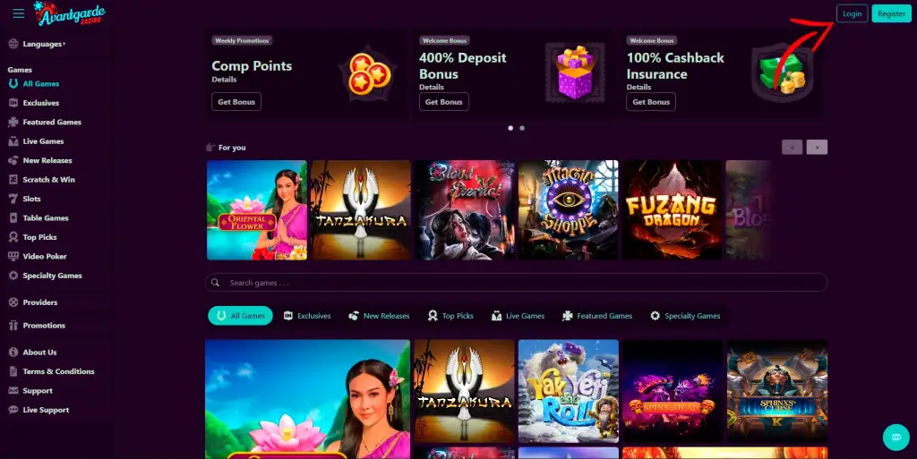 avantgarde casino login browser